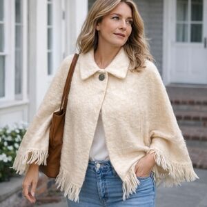 Vintage 80s Andrew Stewart Wool Mohair Poncho Cape One Size Cozy Fringe Western